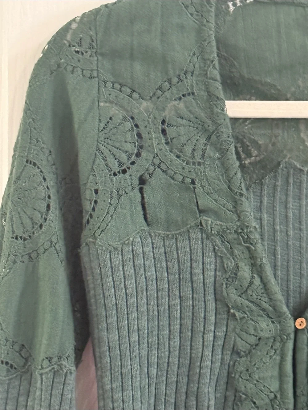 Free People M Forest Green Lace Ribbed Button Tunic Boho Cottagecore